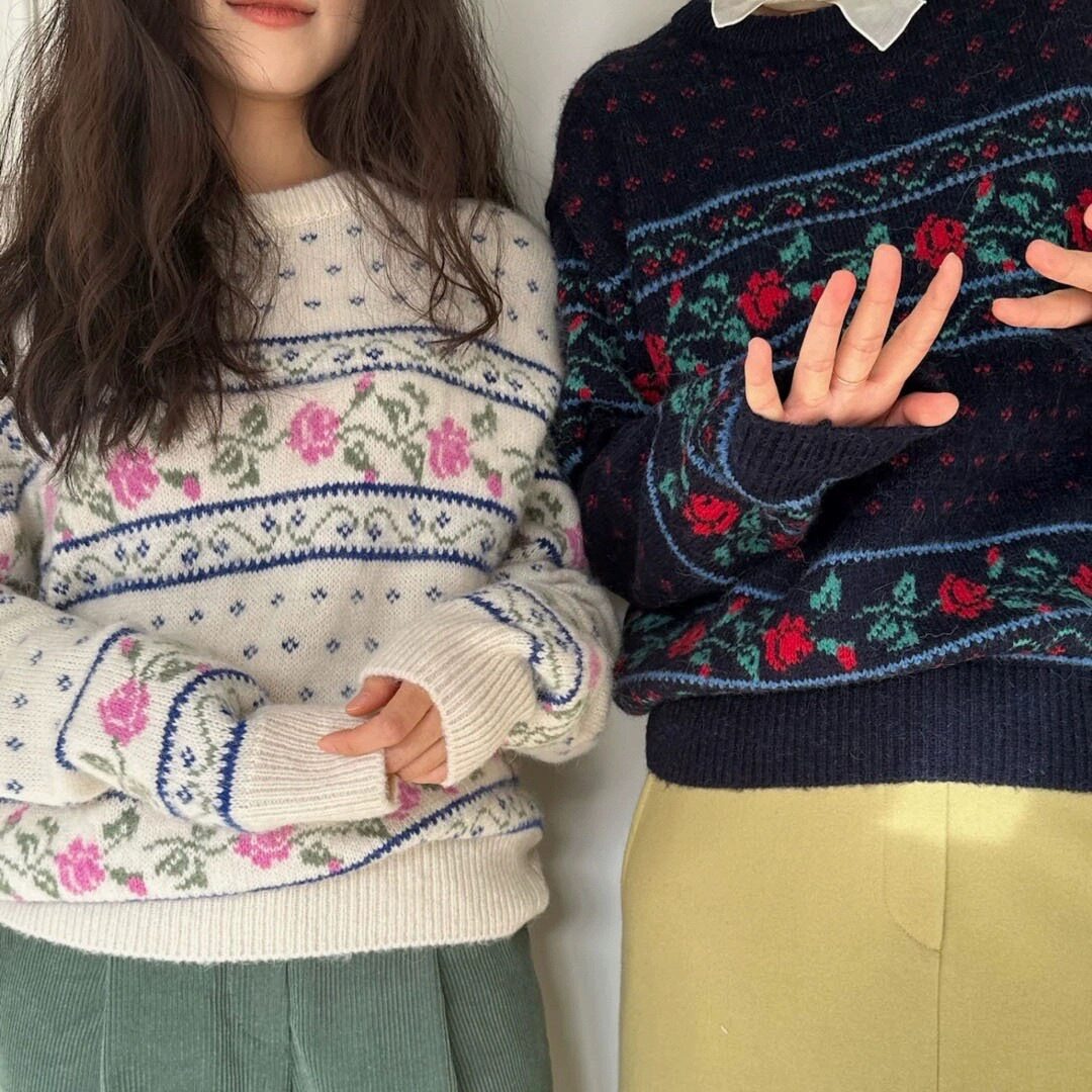 Embroidery Rose - Suéter Feminino de Tricô Solto com