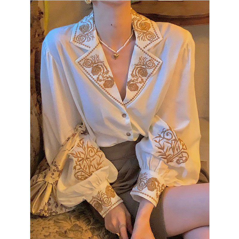 Embroidery Cotton Shirt - Blusa retro bordada para mulheres, Top,