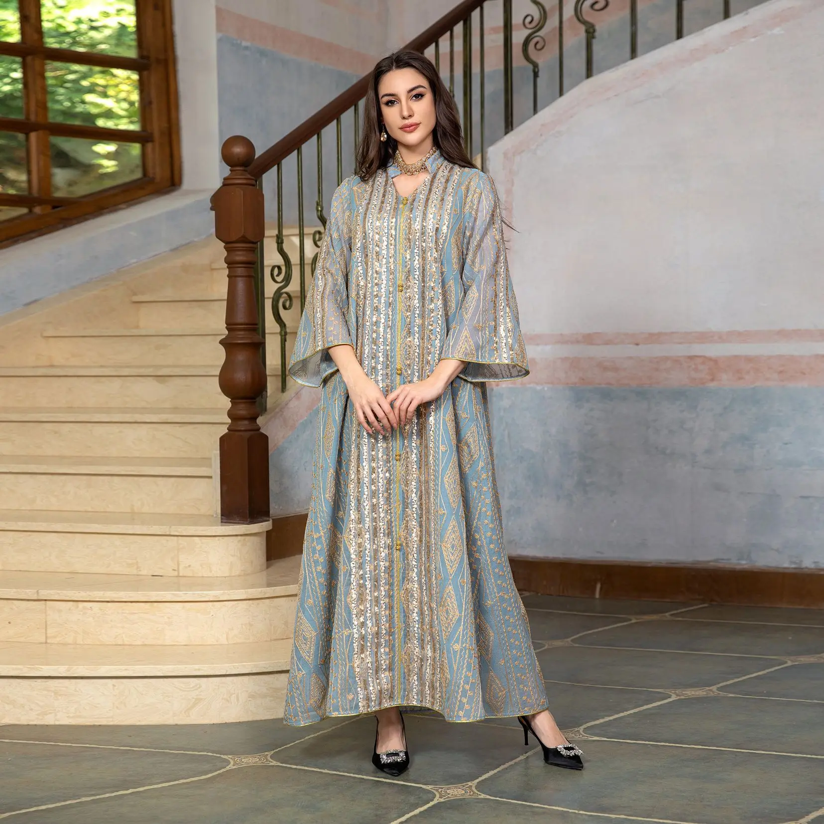 Eid abaya bordado lantejoulas  - Embroidery Kebaya avaliação e preço